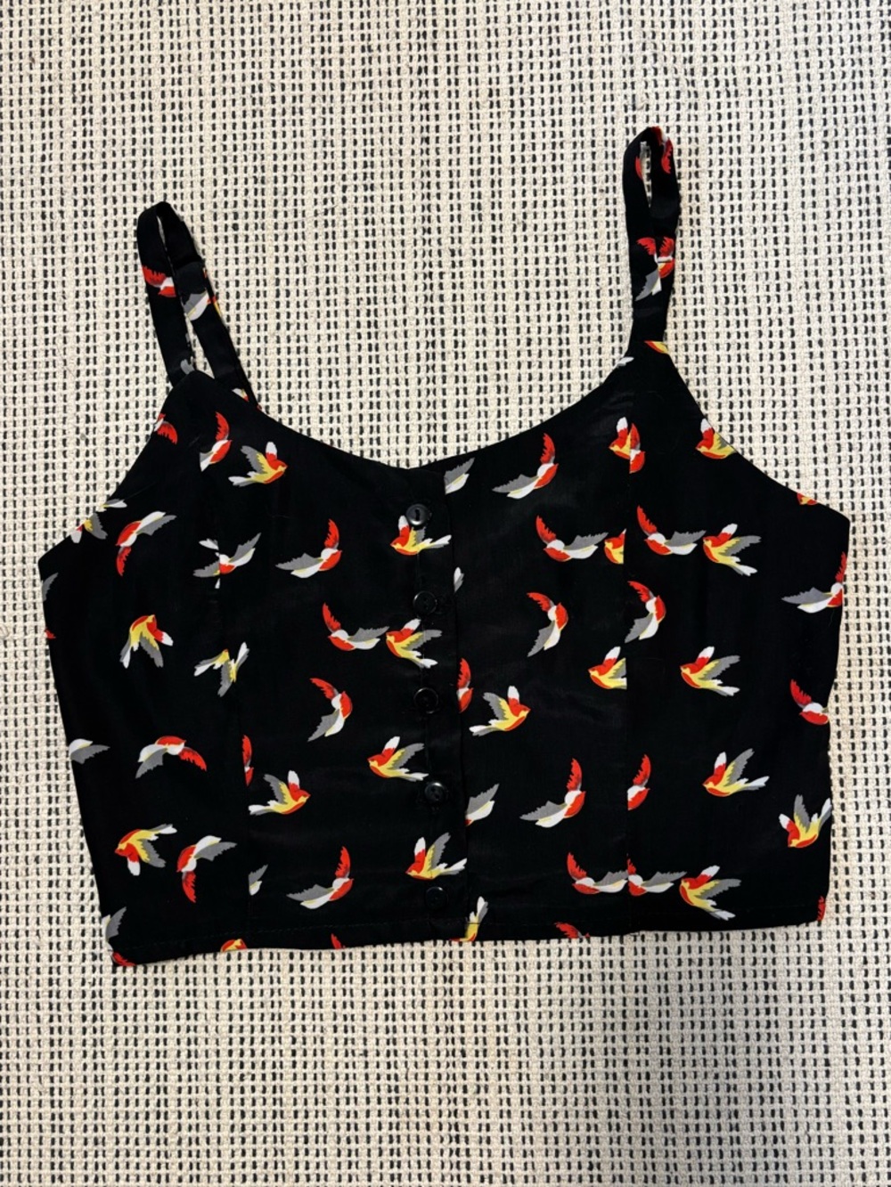 Bird pattern black button up bralette top elasticized back and adjustable straps